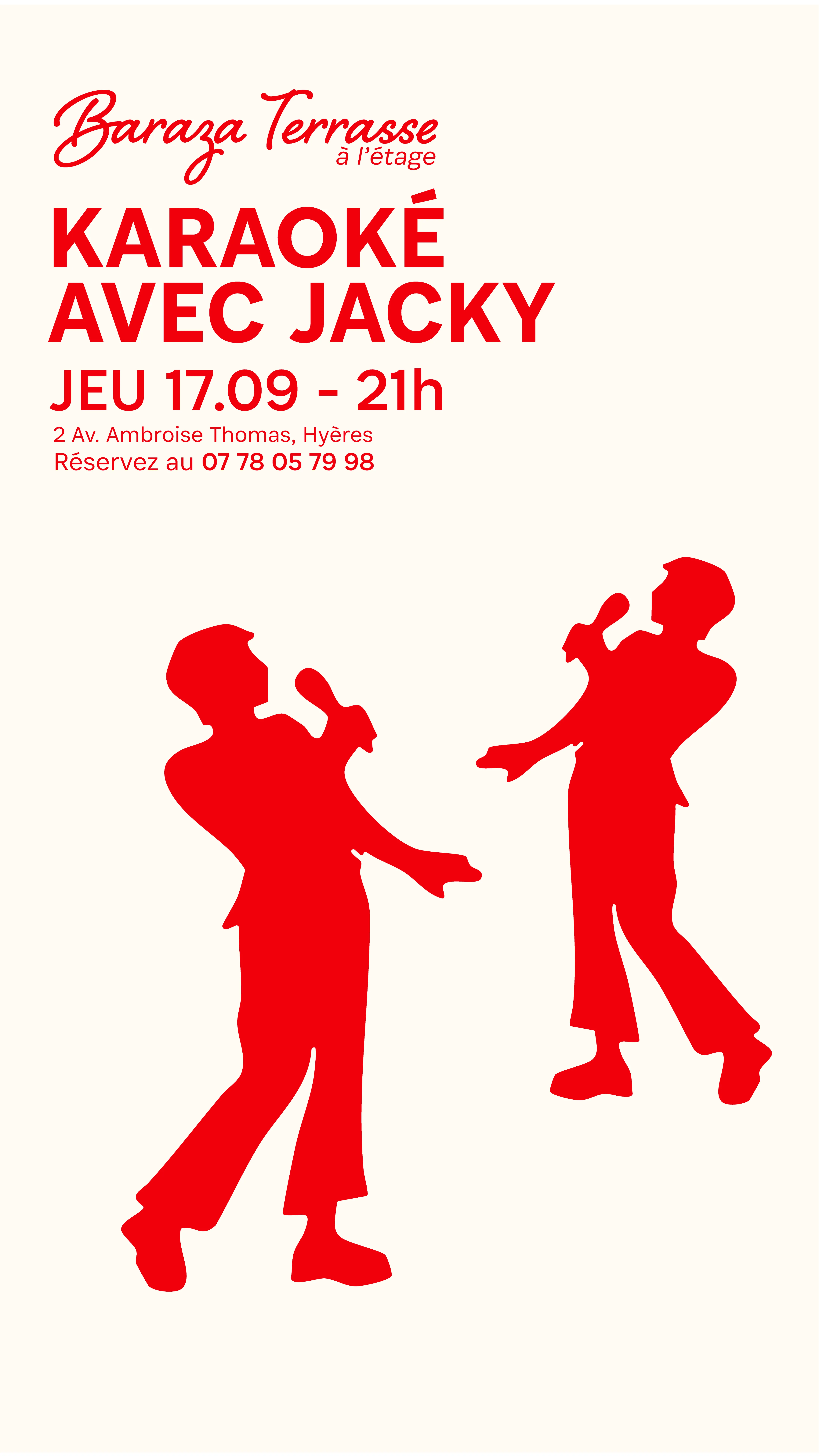 Affiche « Karaoké avec Jacky » pour Baraza Terrasse : deux silhouettes au micro, en rouge sur fond crème