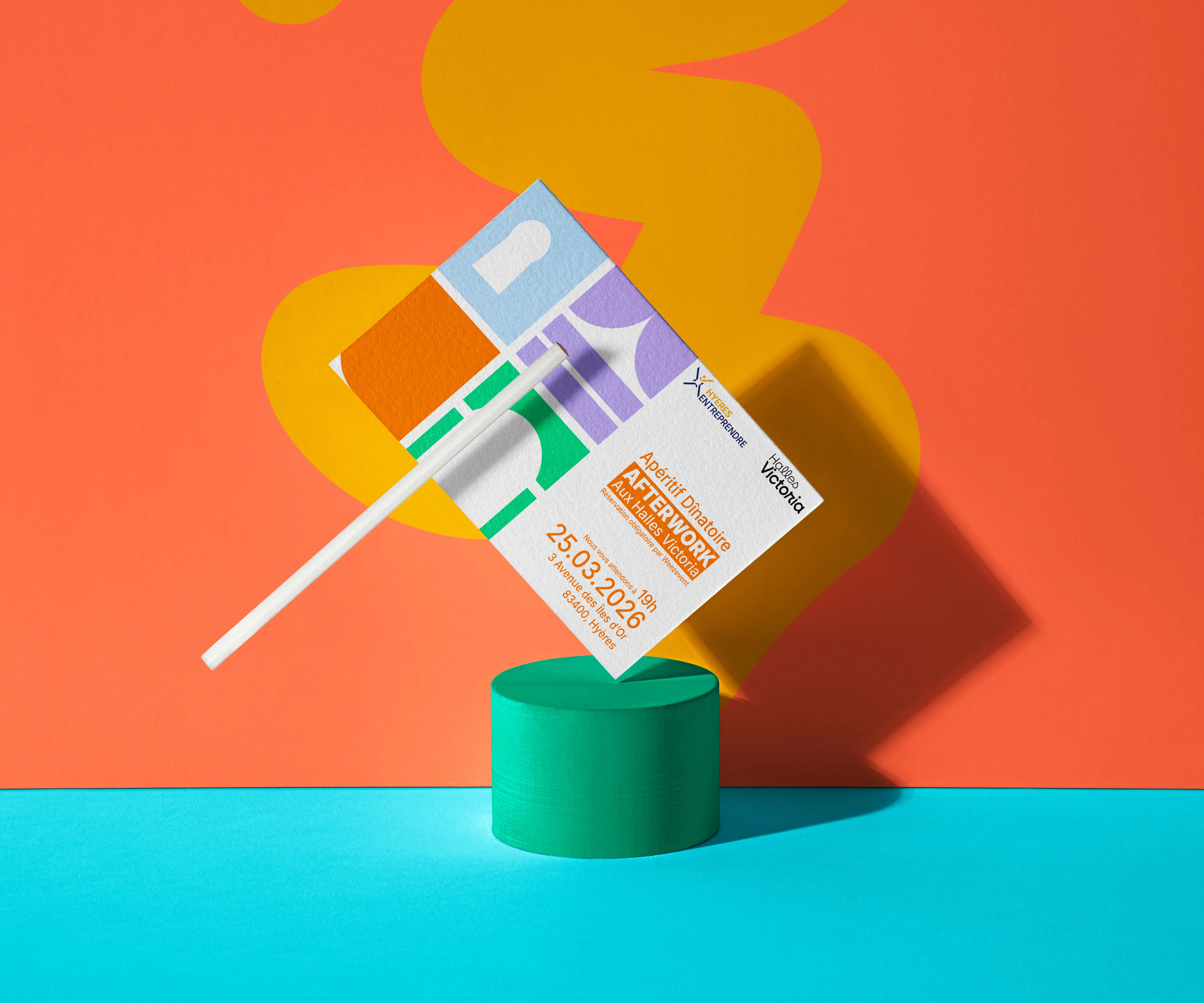 Carton d'invitation Hyères Entreprendre sur fond orange et turquoise